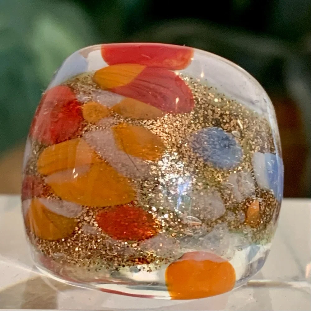 Vintage Murano Style Art Glass Hand Blown Lampwork Confetti Dome Ring Size 7